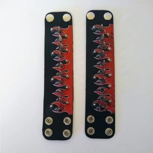 Studded Wrist Cuffs Black W/ Flames Biker Rock Punk Metal